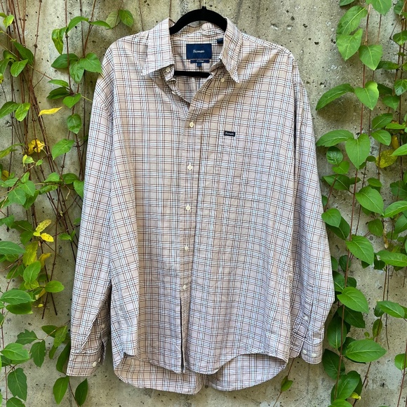 Façonnable Men’s Check Plaid Button Up Shirt - Beige / Brown / Blue, Large Tall - Picture 1 of 12
